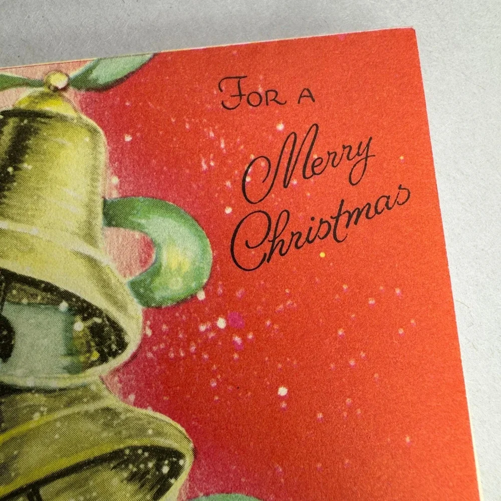 Vintage Diamond Line‎ Christmas Card Gold Bells Red Mid Century Modern MCM